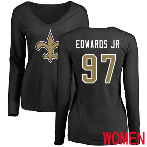 New Orleans Saints Black Women Mario Edwards Jr Name and Number Logo Slim Fit NFL Football #97 Long Sleeve T Shirt->women nfl jersey->Women Jersey